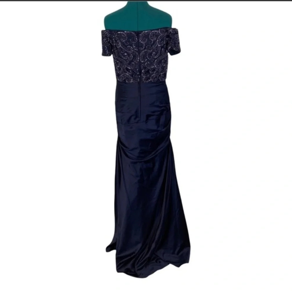 La Femme Satin Off the Shoulder Dress with Beaded Sleeves‎ - Picture 5 of 8